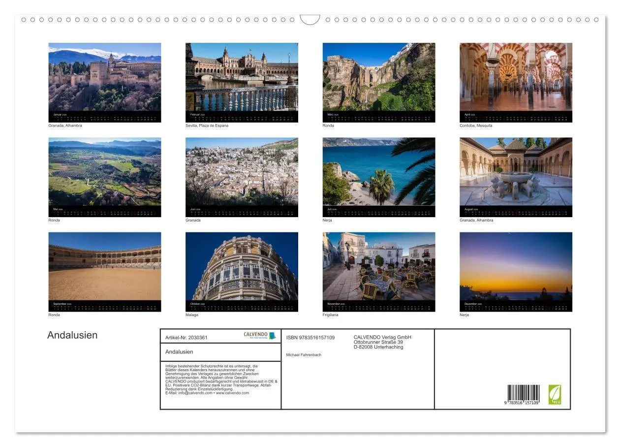 Bild: 9783516157109 | Andalusien (Wandkalender 2026 DIN A2 quer), CALVENDO Monatskalender