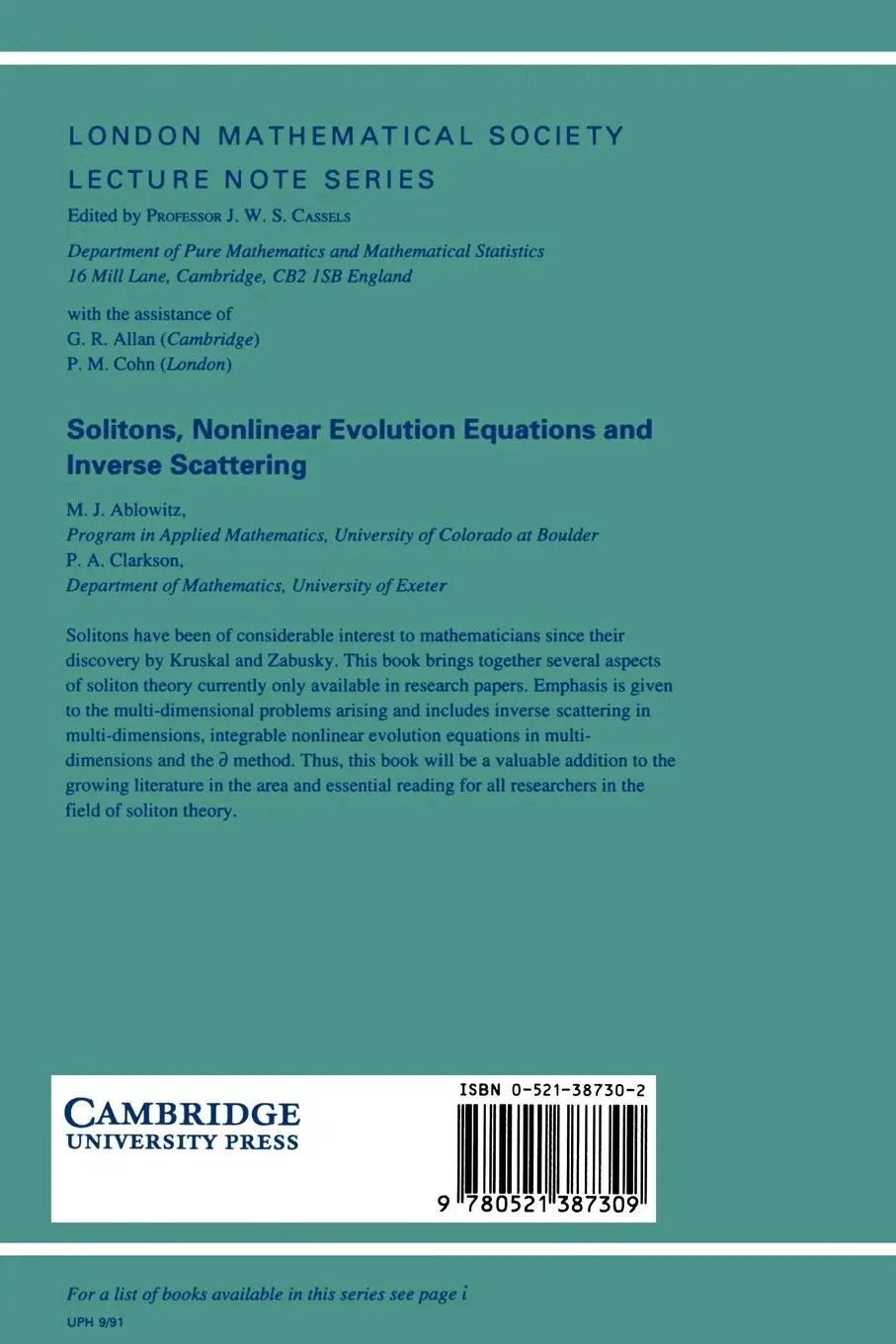 Rückseite: 9780521387309 | Solitons, Nonlinear Evolution Equations and Inverse Scattering | Buch