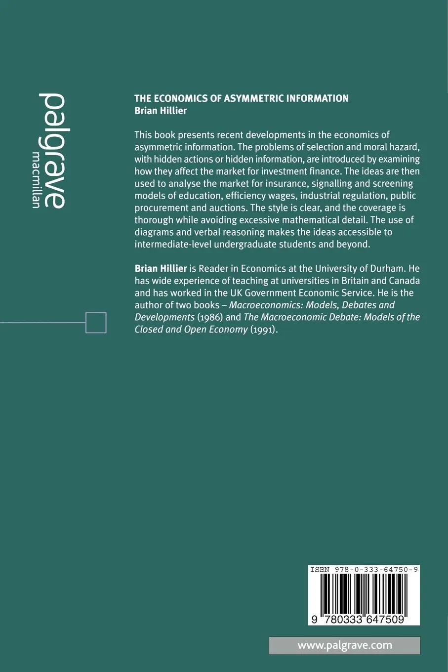 Rückseite: 9780333647509 | The Economics of Asymmetric Information | B. Hillier | Taschenbuch