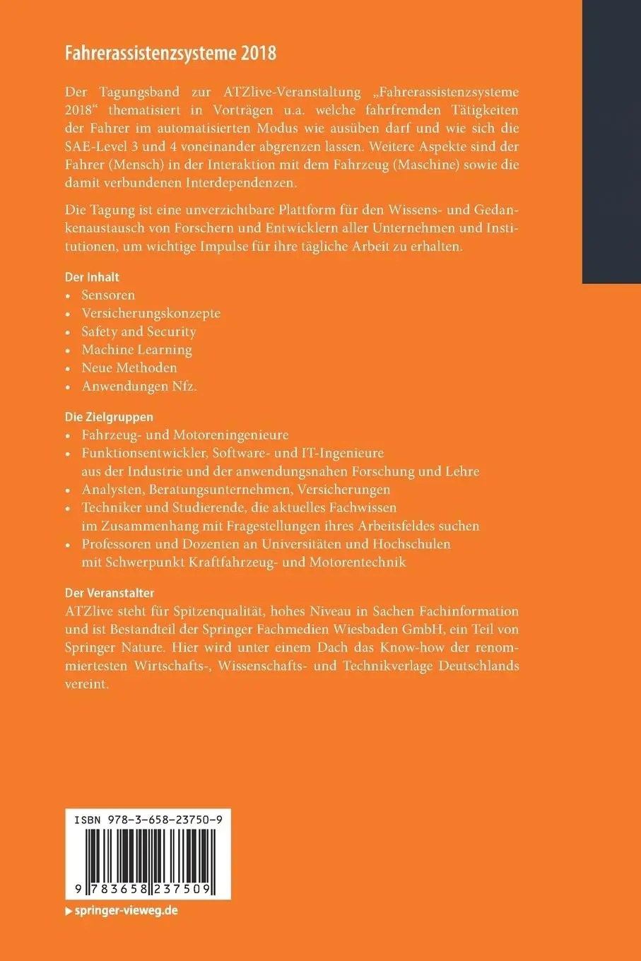 Rückseite: 9783658237509 | Fahrerassistenzsysteme 2018 | Torsten Bertram | Taschenbuch | viii