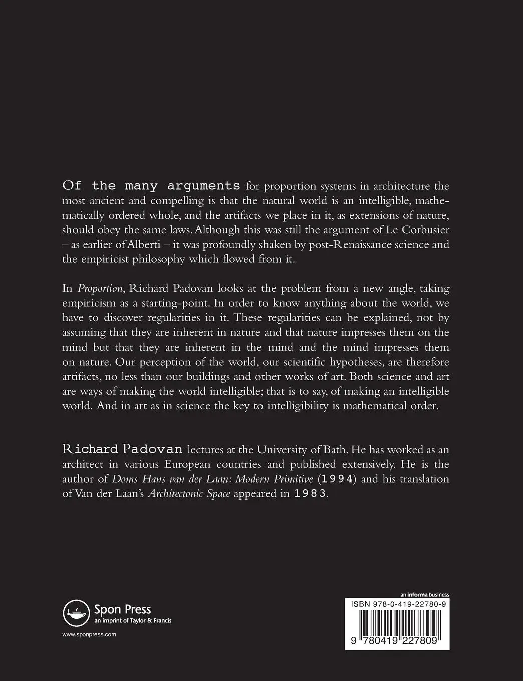 Rückseite: 9780419227809 | Proportion | Science, Philosophy, Architecture | Richard Padovan