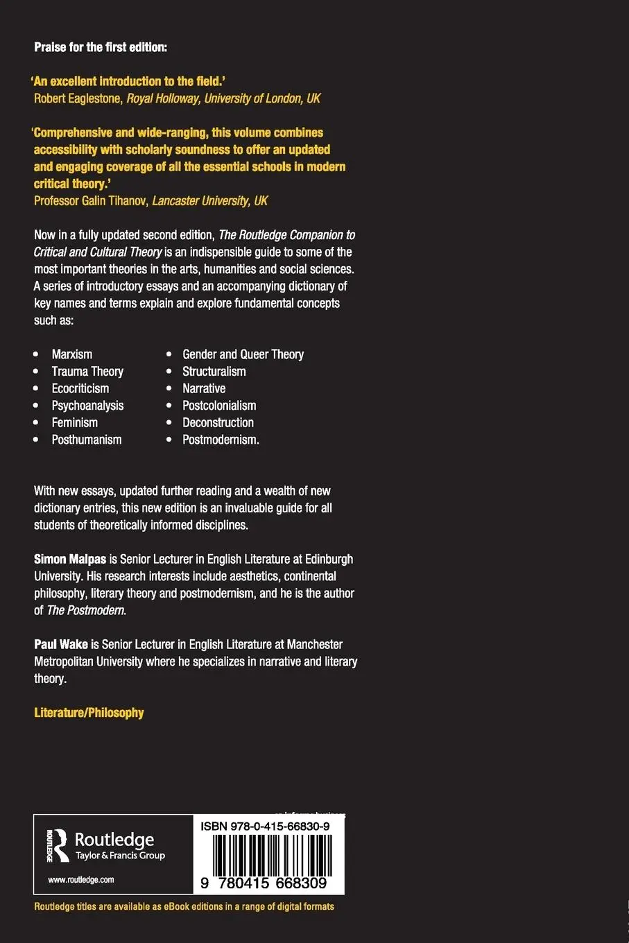 Rückseite: 9780415668309 | The Routledge Companion to Critical and Cultural Theory | Wake (u. a.)
