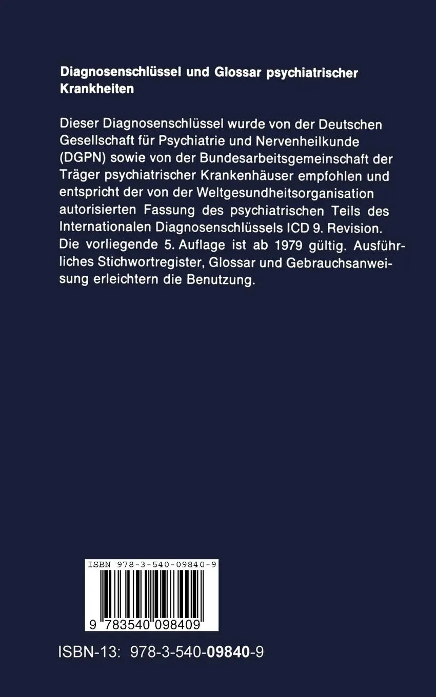 Rückseite: 9783540098409 | Diagnosenschlüssel und Glossar psychiatrischer Krankheiten | Buch | xx