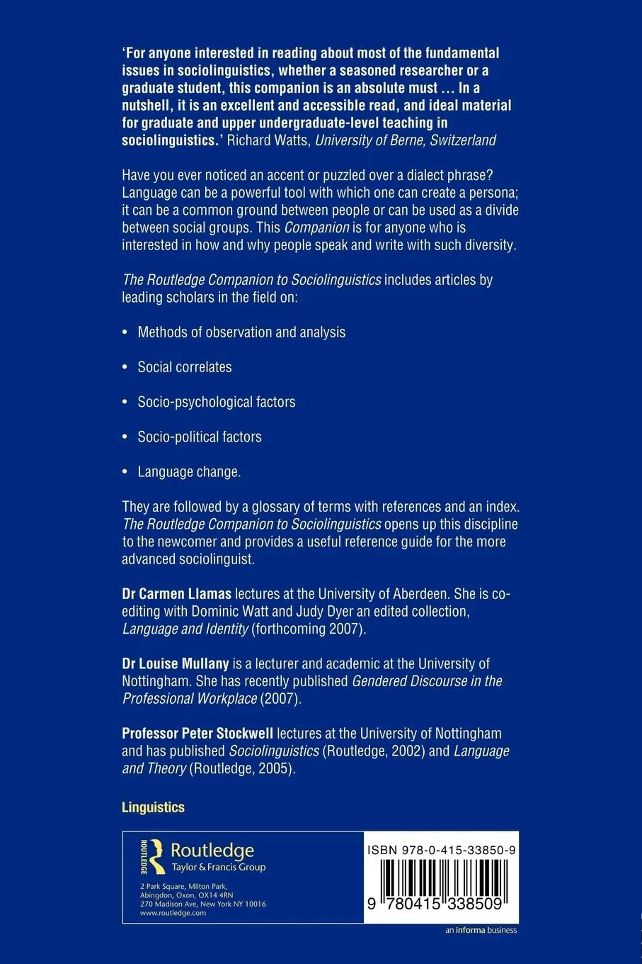 Rückseite: 9780415338509 | The Routledge Companion to Sociolinguistics | Carmen Llamas (u. a.)
