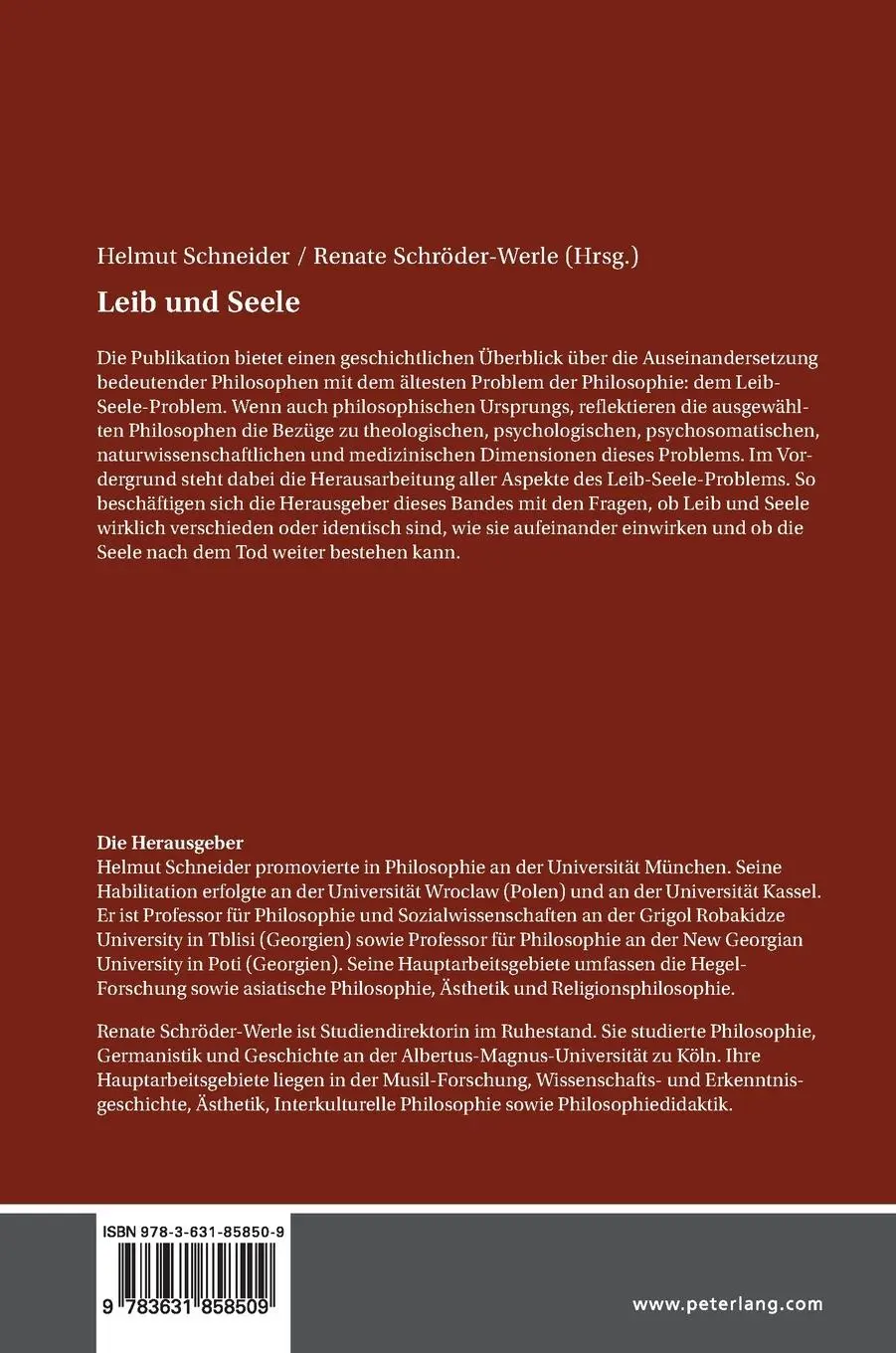 Rückseite: 9783631858509 | Leib und Seele | Identität und Differenz | Schröder-Werle (u. a.)