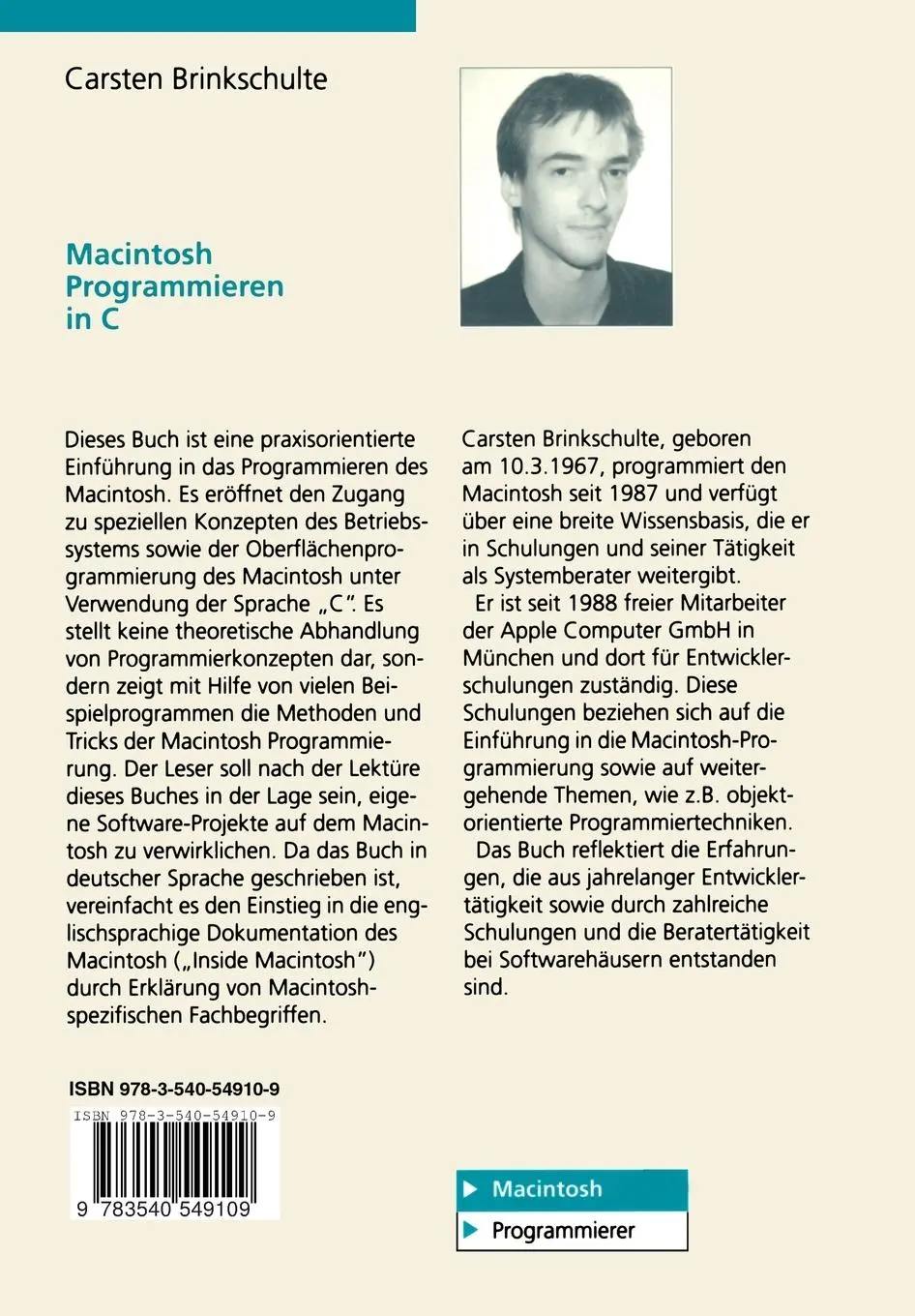 Rückseite: 9783540549109 | Macintosh Programmieren in C | Carsten Brinkschulte | Taschenbuch