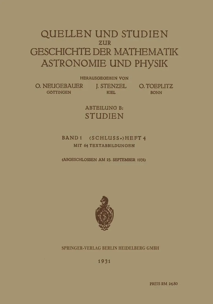 Cover: 9783662319109 | Quellen und Studien ¿ur Geschichte der Mathematik Astronomie und...