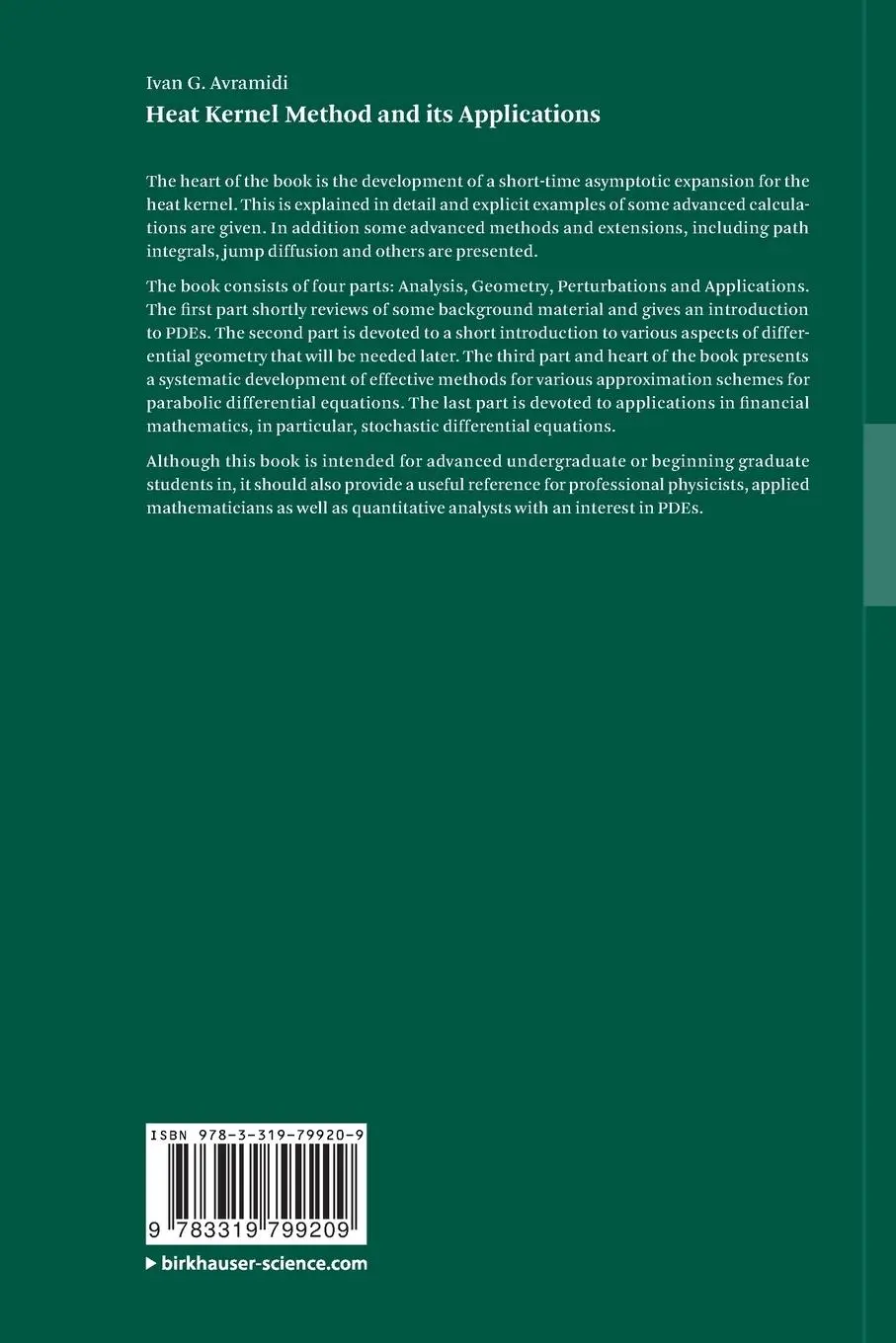Rückseite: 9783319799209 | Heat Kernel Method and its Applications | Ivan Avramidi | Taschenbuch