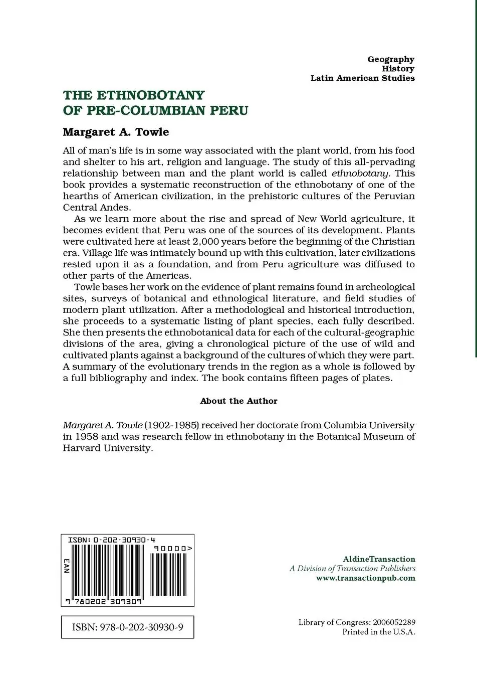 Rückseite: 9780202309309 | The Ethnobotany of Pre-Columbian Peru | Margaret Towle | Taschenbuch