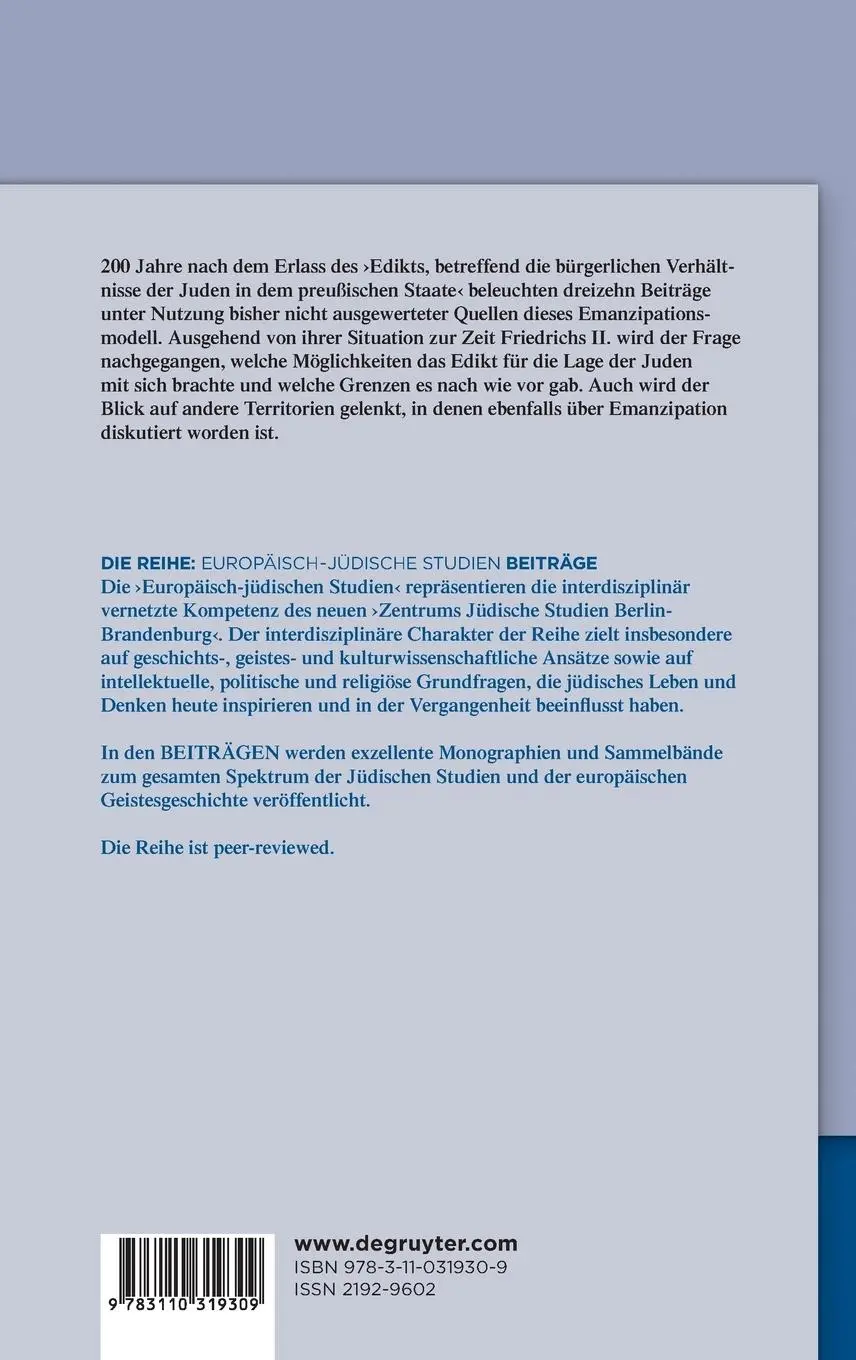 Rückseite: 9783110319309 | Das Emanzipationsedikt von 1812 in Preußen | Irene A. Diekmann | Buch