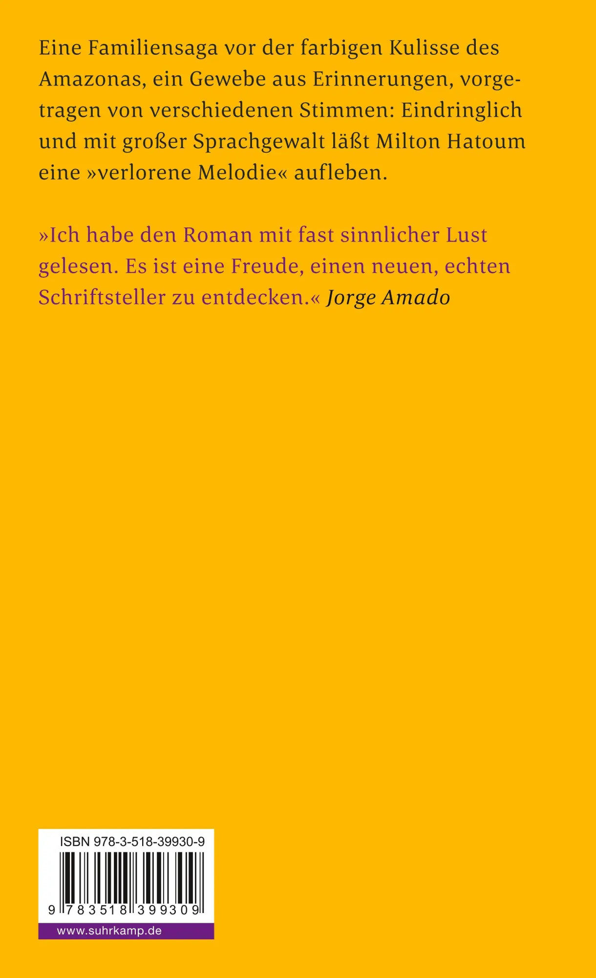 Rückseite: 9783518399309 | Brief aus Manaus | Roman | Milton Hatoum | Taschenbuch | 190 S. | 2002