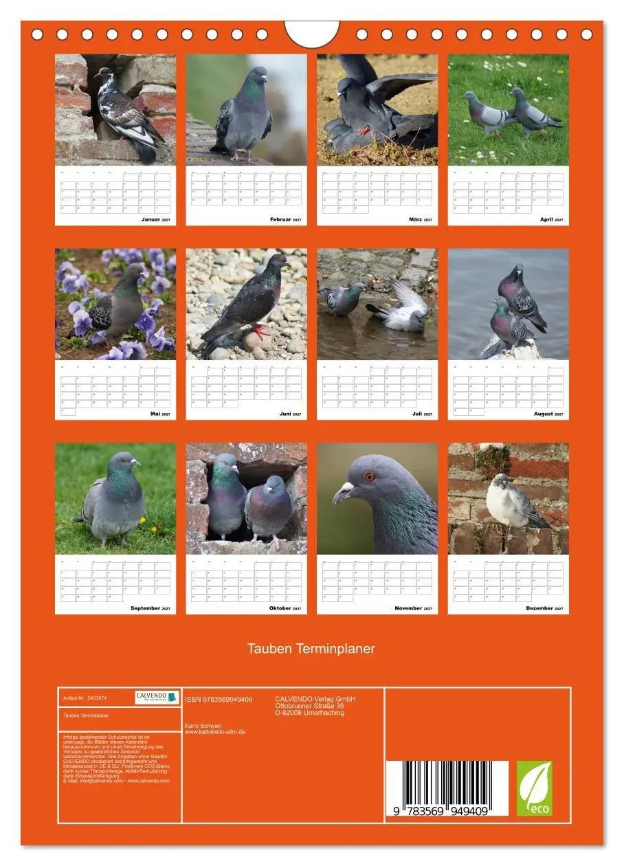 Bild: 9783569949409 | Tauben Terminplaner (Wandkalender 2027 DIN A4 hoch), CALVENDO...