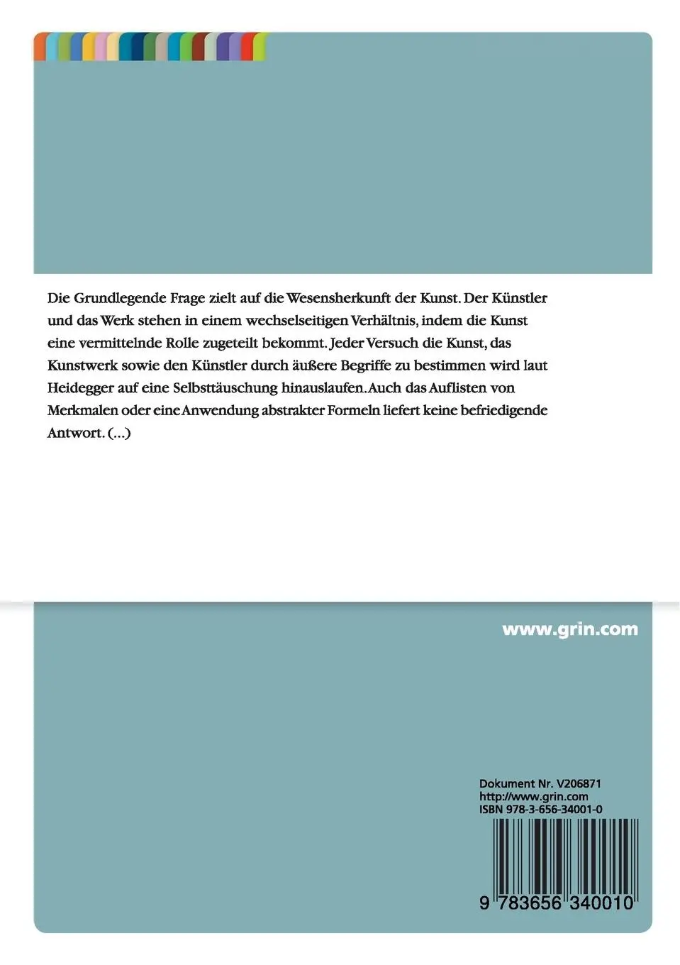 Rückseite: 9783656340010 | Heideggers Ursprung des Kunstwerkes | Cem Bozok | Taschenbuch | 24 S.
