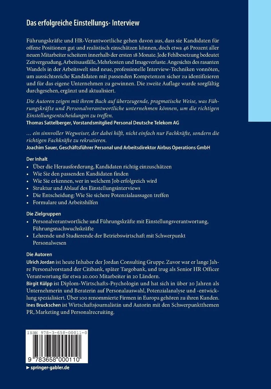 Rückseite: 9783658000110 | Das erfolgreiche Einstellungs-Interview | Ulrich Jordan (u. a.) | Buch