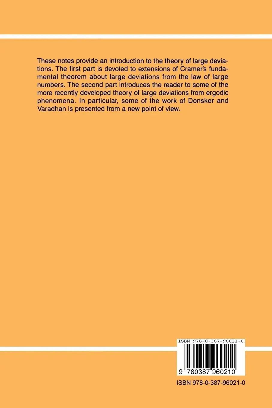 Rückseite: 9780387960210 | An Introduction to the Theory of Large Deviations | D. W. Stroock