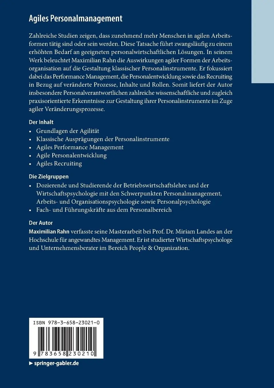 Rückseite: 9783658230210 | Agiles Personalmanagement | Maximilian Rahn | Taschenbuch | xiii