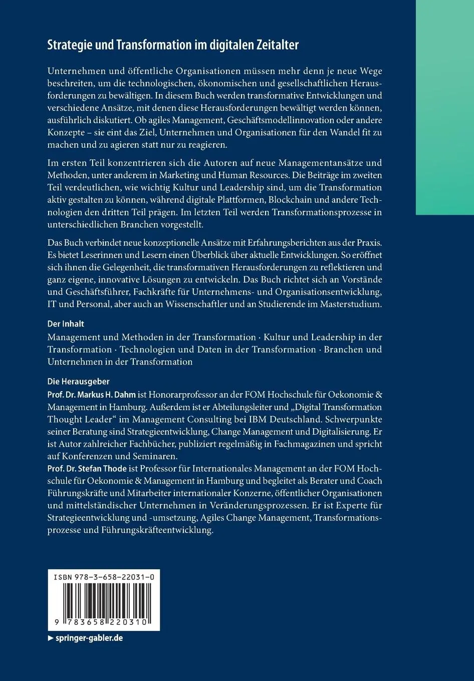 Rückseite: 9783658220310 | Strategie und Transformation im digitalen Zeitalter | Thode (u. a.)