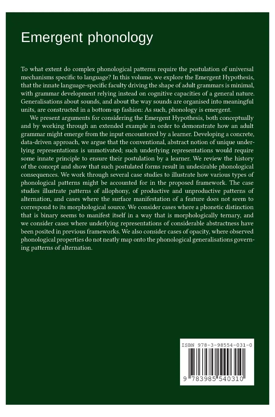 Rückseite: 9783985540310 | Emergent phonology | Diana Archangeli (u. a.) | Buch | Gebunden | 2021