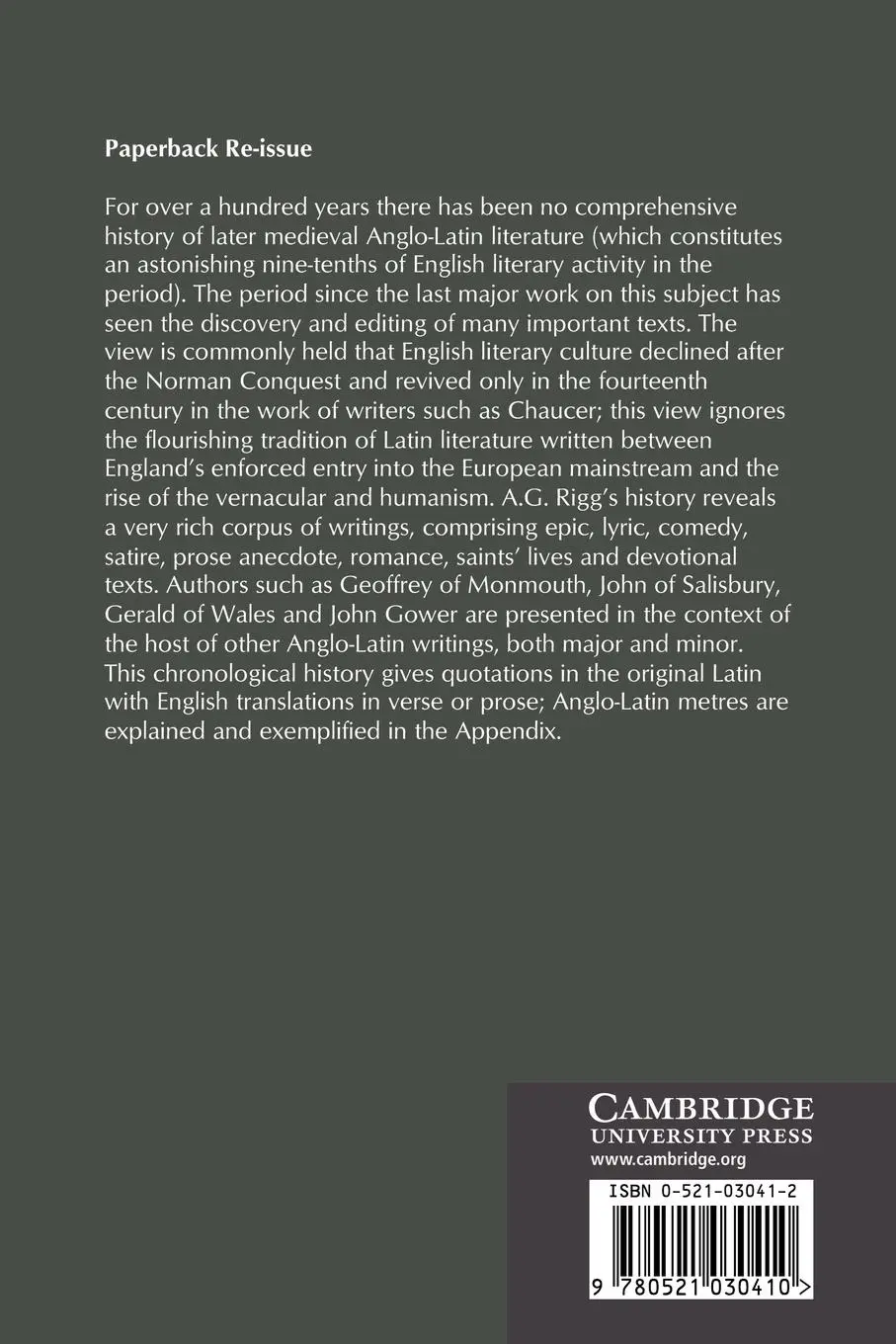 Rückseite: 9780521030410 | A History of Anglo-Latin Literature, 1066 1422 | A. G. Rigg | Buch