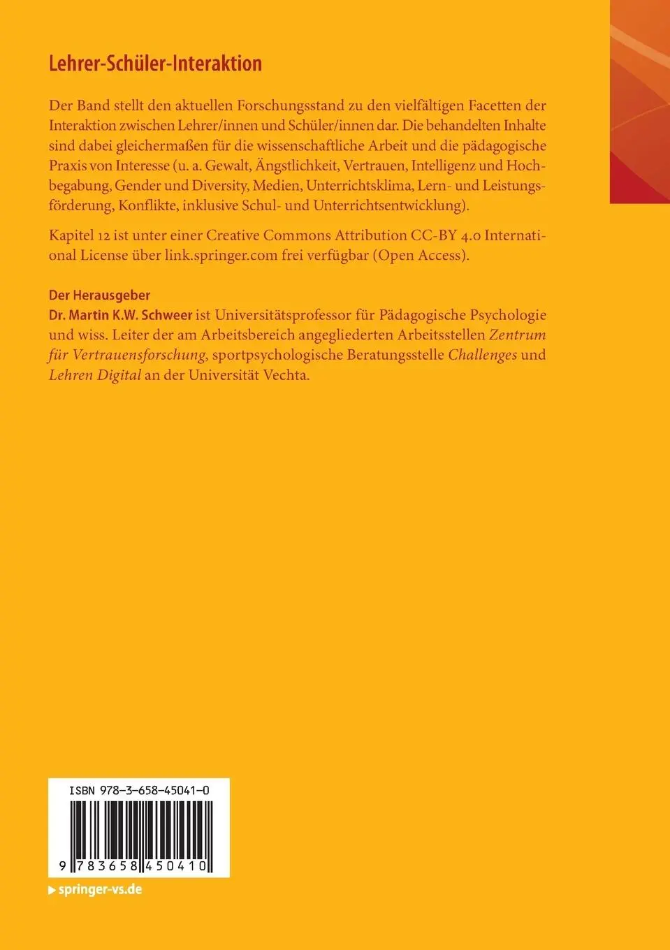 Rückseite: 9783658450410 | Lehrer-Schüler-Interaktion | Martin K. W. Schweer | Taschenbuch | xiv