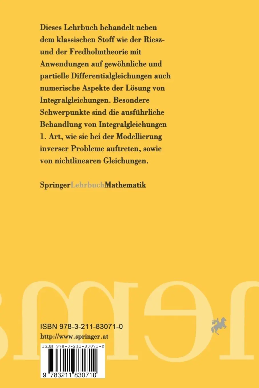 Rückseite: 9783211830710 | Integralgleichungen | Heinz Werner Engl | Taschenbuch | v | Deutsch