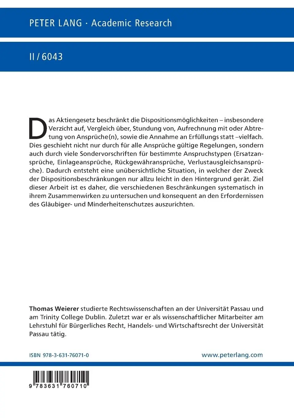 Rückseite: 9783631760710 | Die Disposition über Ansprüche in der Aktiengesellschaft | Weierer