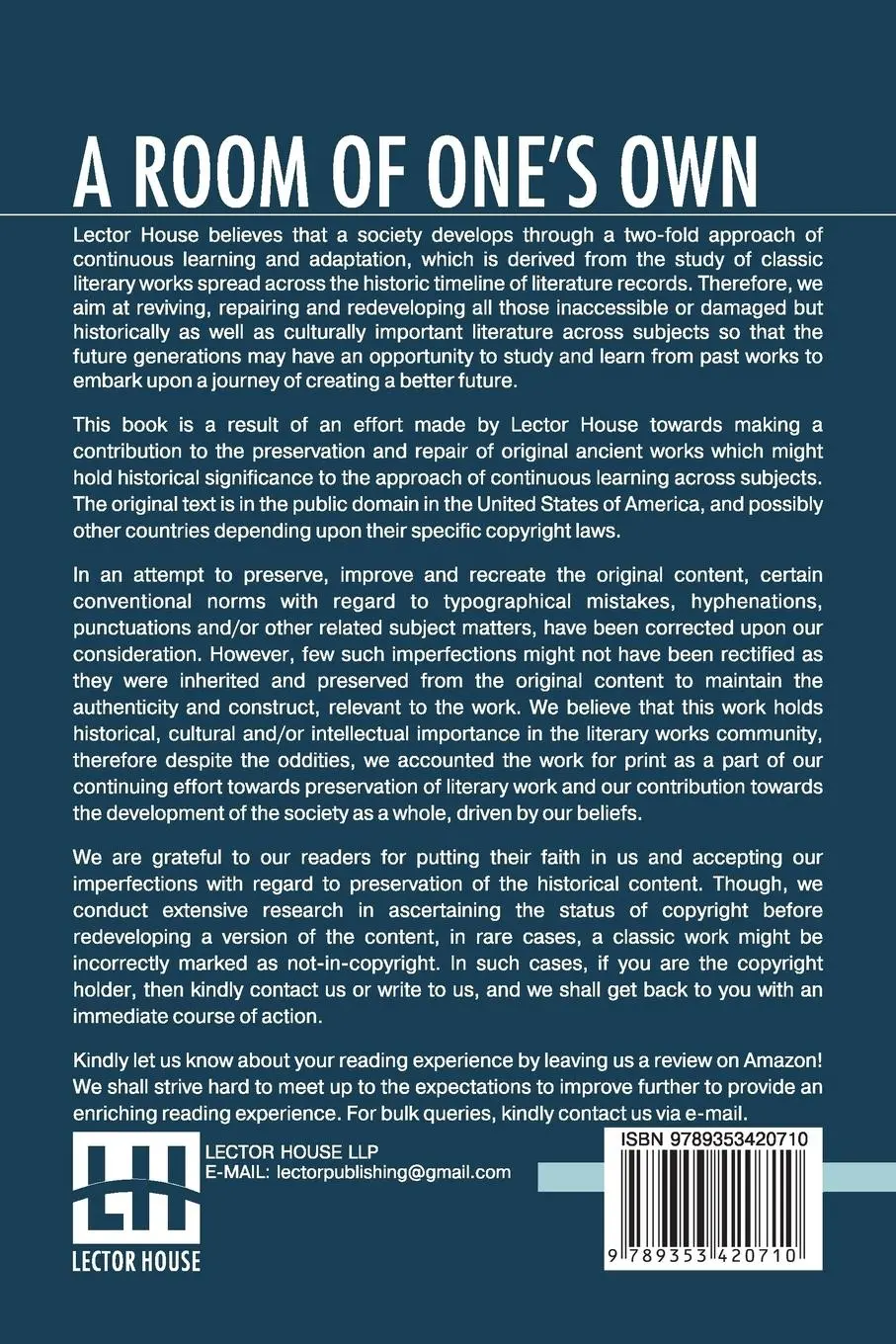 Rückseite: 9789353420710 | A Room Of One's Own | Virginia Woolf | Taschenbuch | Englisch | 2019