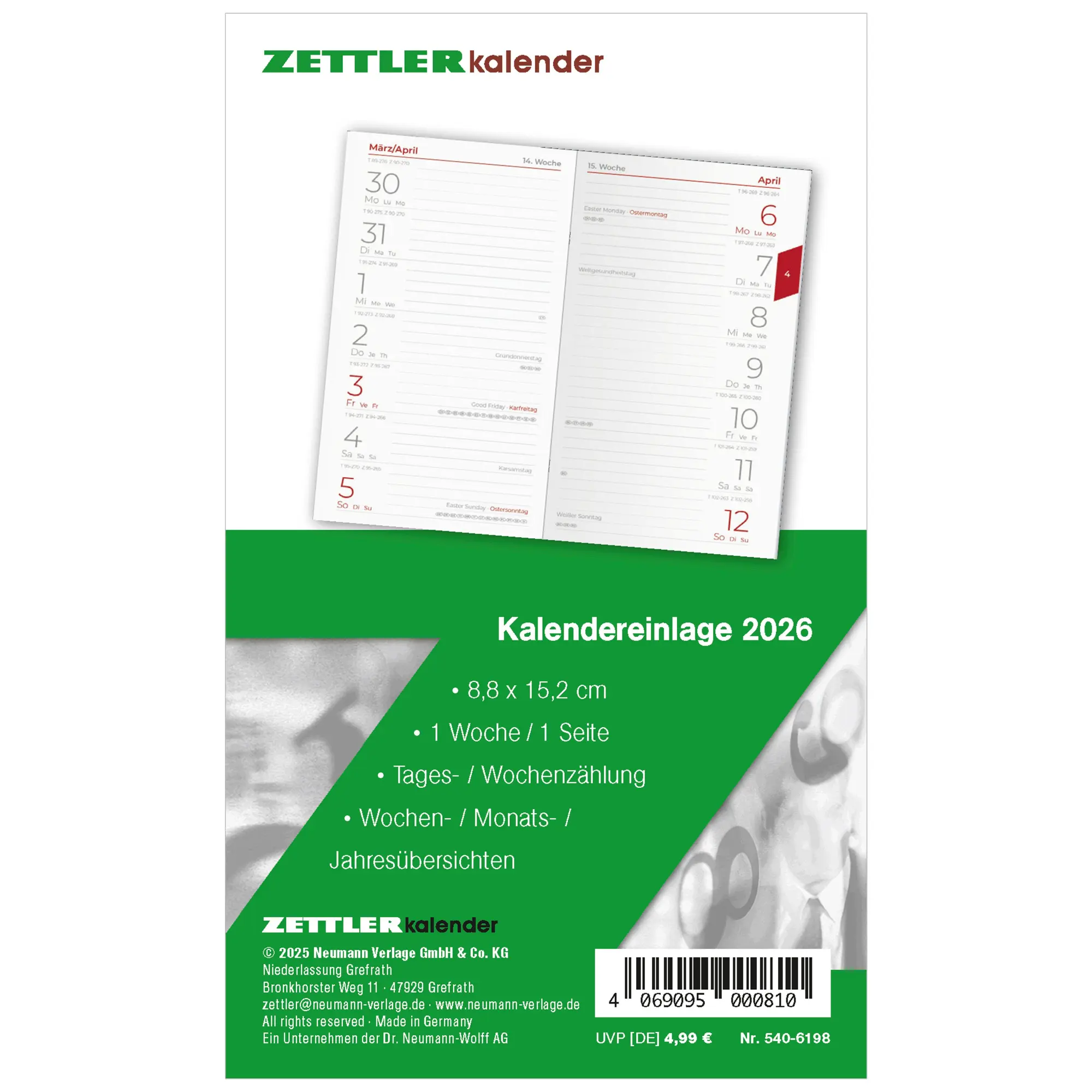 Cover: 4069095000810 | Kalender-Ersatzeinlage 2026 - für den Taschenplaner Typ 540 -...