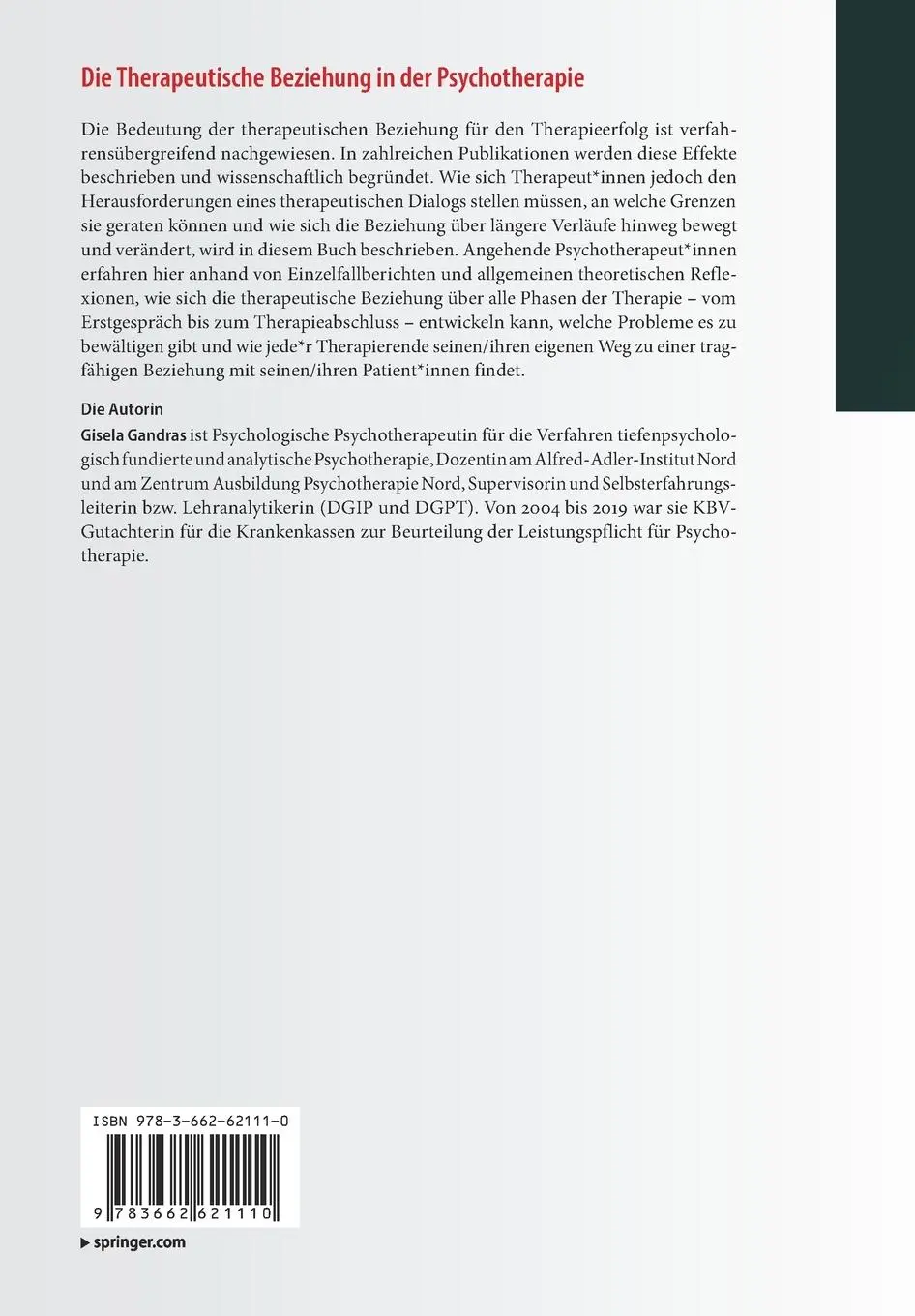 Rückseite: 9783662621110 | Die Therapeutische Beziehung in der Psychotherapie | Gisela Gandras