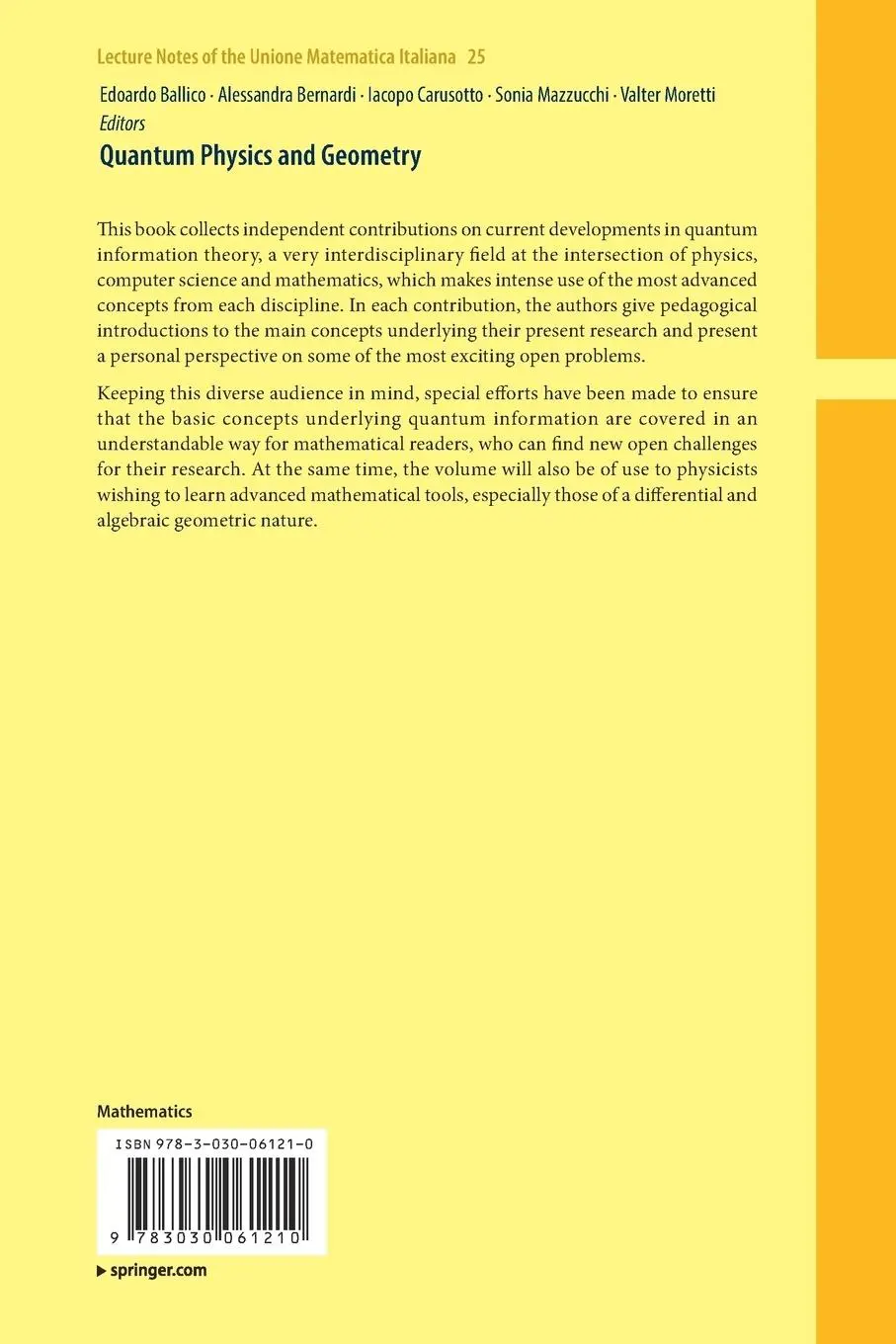 Rückseite: 9783030061210 | Quantum Physics and Geometry | Edoardo Ballico (u. a.) | Taschenbuch