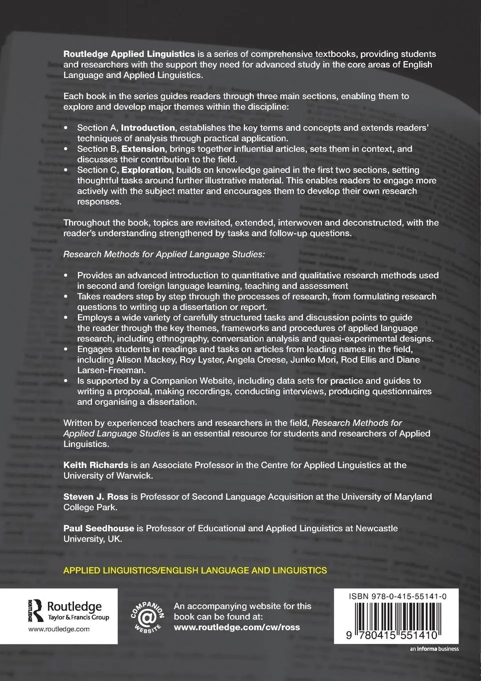 Rückseite: 9780415551410 | Research Methods for Applied Language Studies | Keith Richards (u. a.)