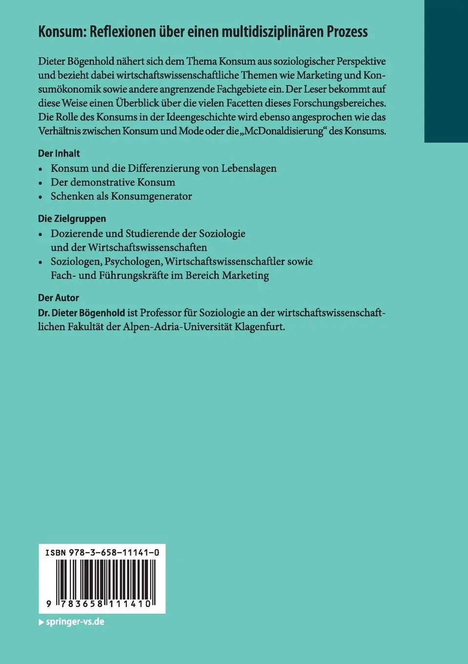 Rückseite: 9783658111410 | Konsum: Reflexionen über einen multidisziplinären Prozess | Bögenhold