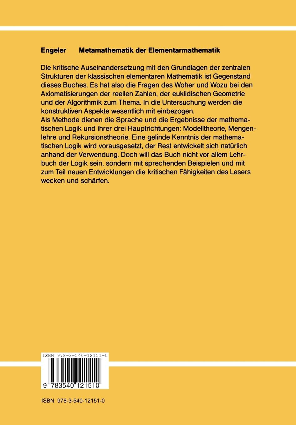 Rückseite: 9783540121510 | Metamathematik der Elementarmathematik | E. Engeler | Taschenbuch
