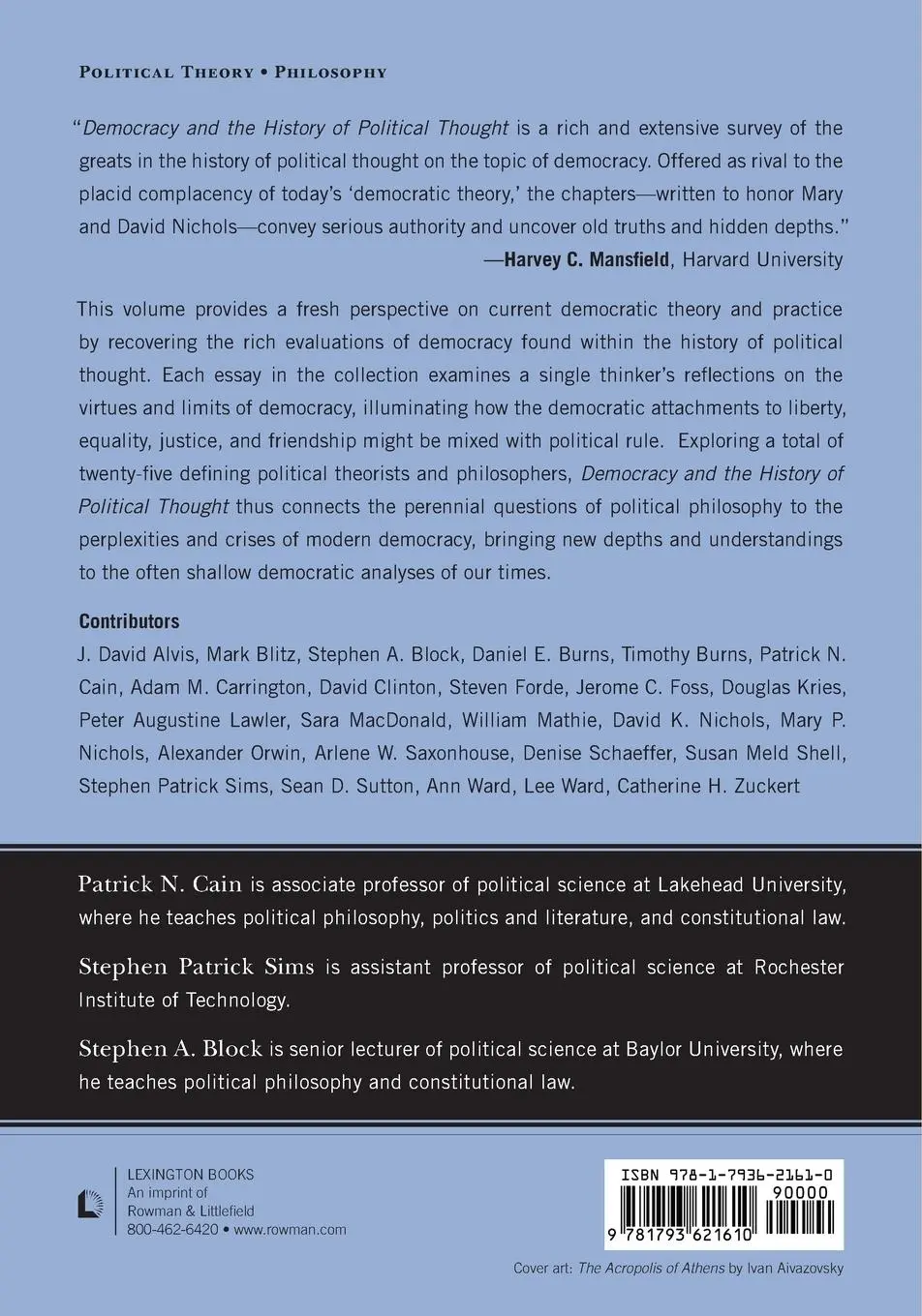 Rückseite: 9781793621610 | Democracy and the History of Political Thought | Cain (u. a.) | Buch