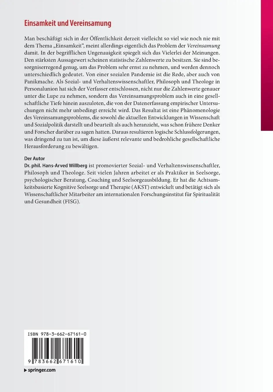 Rückseite: 9783662671610 | Einsamkeit und Vereinsamung | Hans-Arved Willberg | Taschenbuch | ix
