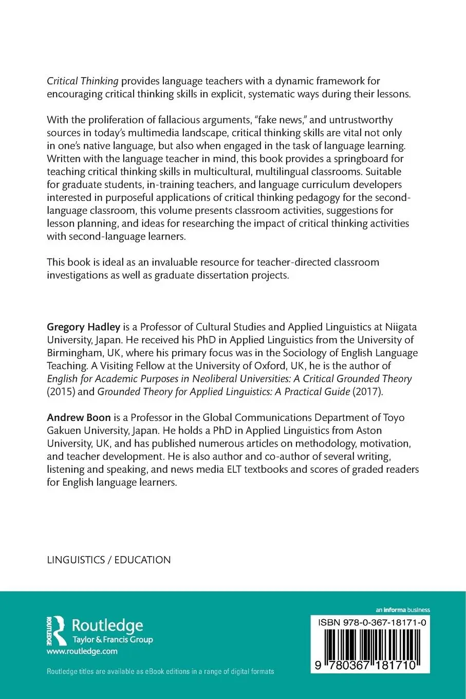 Rückseite: 9780367181710 | Critical Thinking | Gregory Hadley (u. a.) | Taschenbuch | Englisch