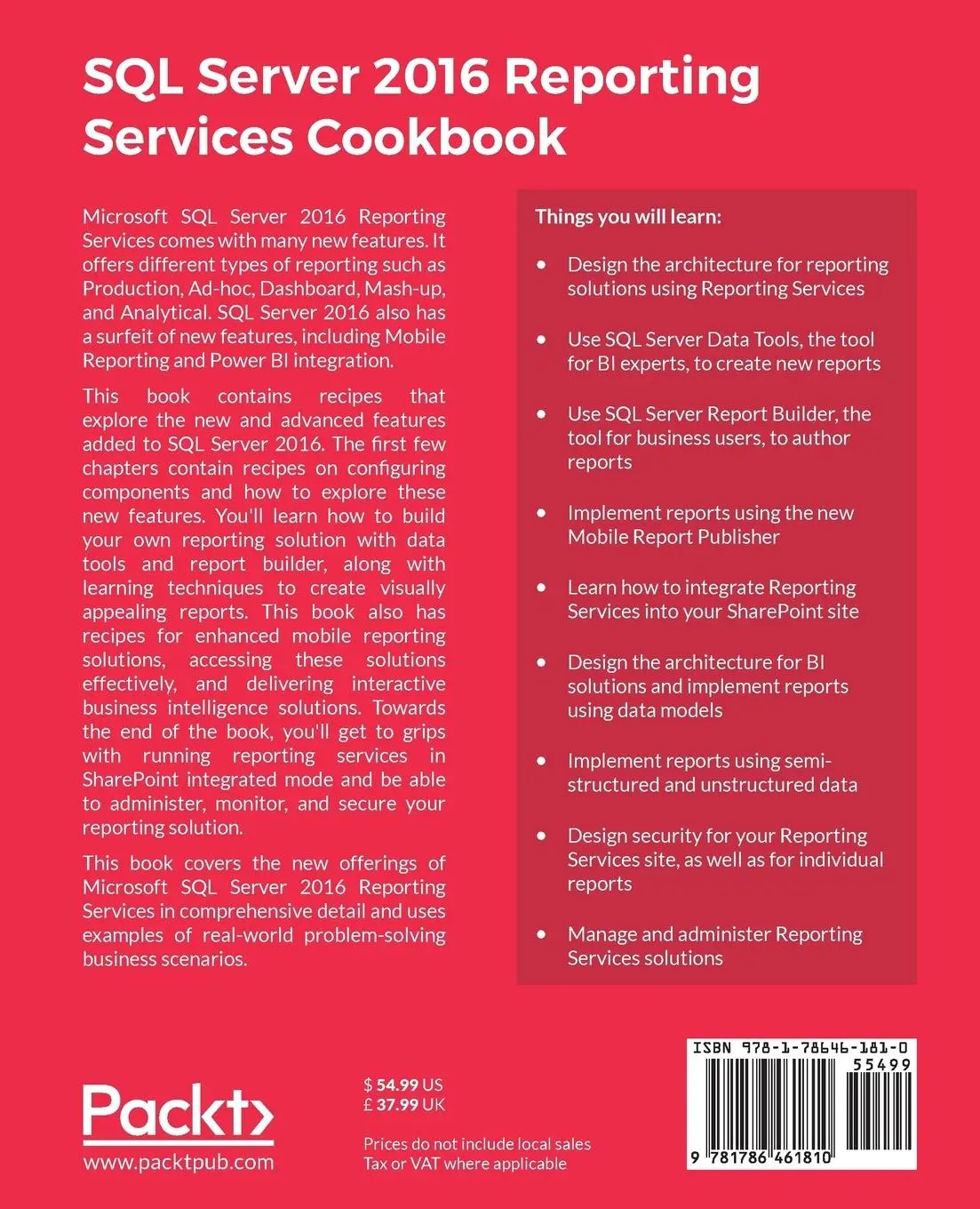 Rückseite: 9781786461810 | SQL Server 2016 Reporting Services Cookbook | Priyankara (u. a.)