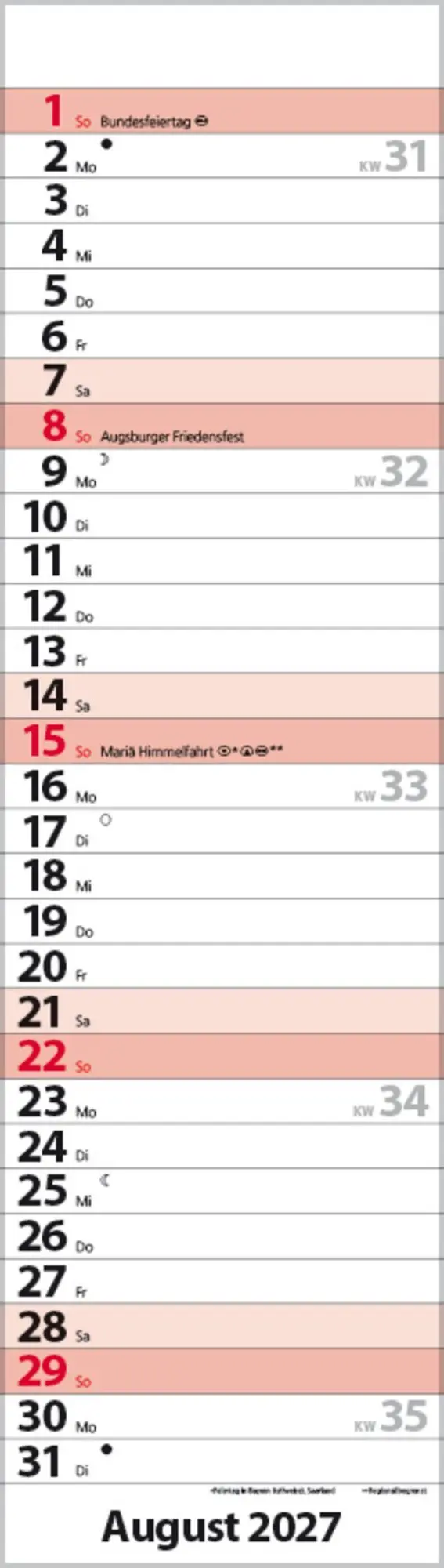 Bild: 9783819301810 | Streifenplaner Mini Rot 2027 | Verlag Korsch | Kalender | 13 S. | 2027