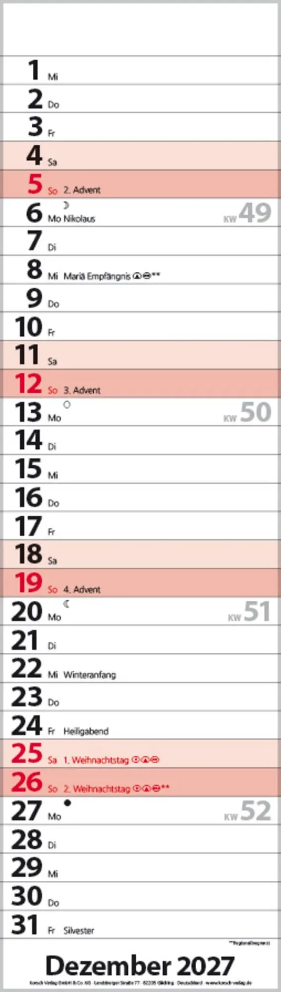 Bild: 9783819301810 | Streifenplaner Mini Rot 2027 | Verlag Korsch | Kalender | 13 S. | 2027