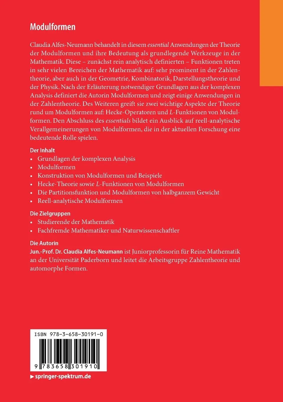 Rückseite: 9783658301910 | Modulformen | Fundamentale Werkzeuge der Mathematik | Alfes-Neumann