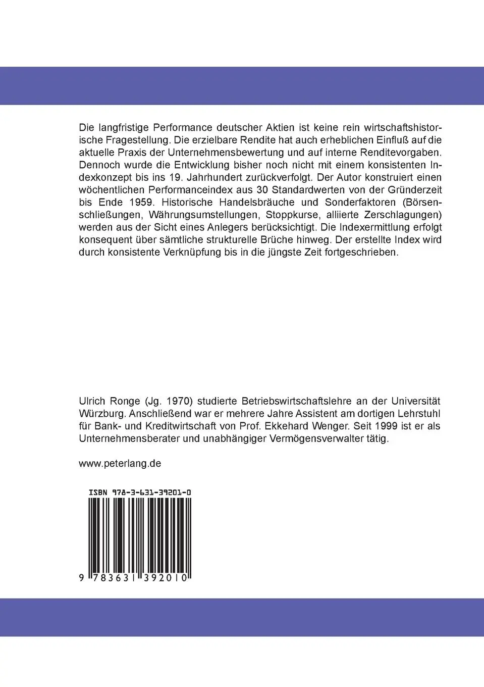 Rückseite: 9783631392010 | Die langfristige Rendite deutscher Standardaktien | Ulrich Ronge
