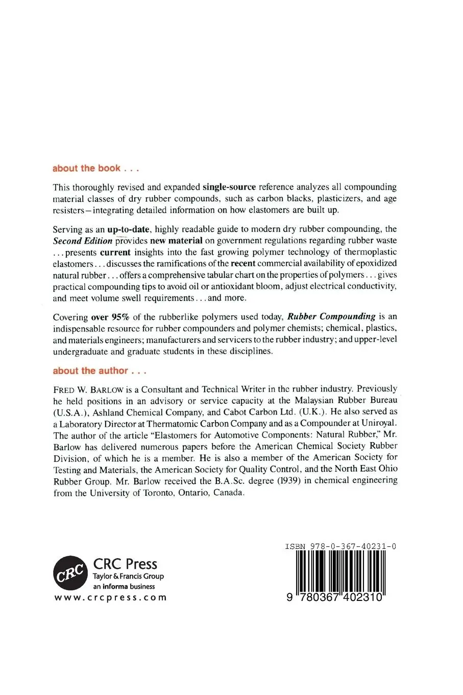 Rückseite: 9780367402310 | Rubber Compounding | Barlow | Taschenbuch | Einband - flex.(Paperback)