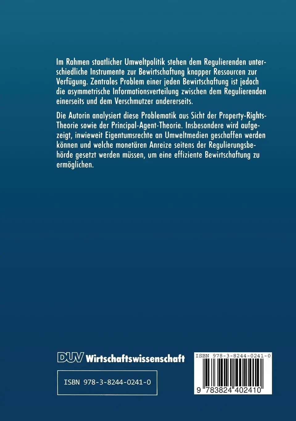 Rückseite: 9783824402410 | Umweltpolitik aus Sicht der Neuen Institutionenökonomik | Marita Balks