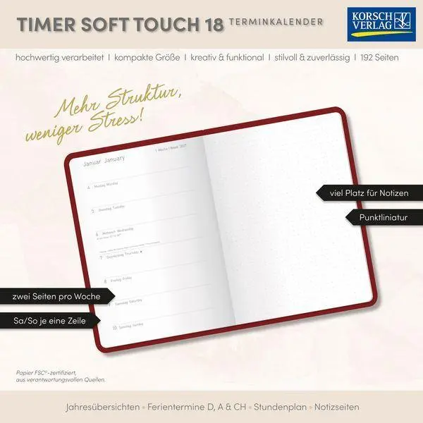 Bild: 9783819302510 | Timer Soft Touch 18 Monate wasserblau 2027/2028 | Korsch Verlag | Buch