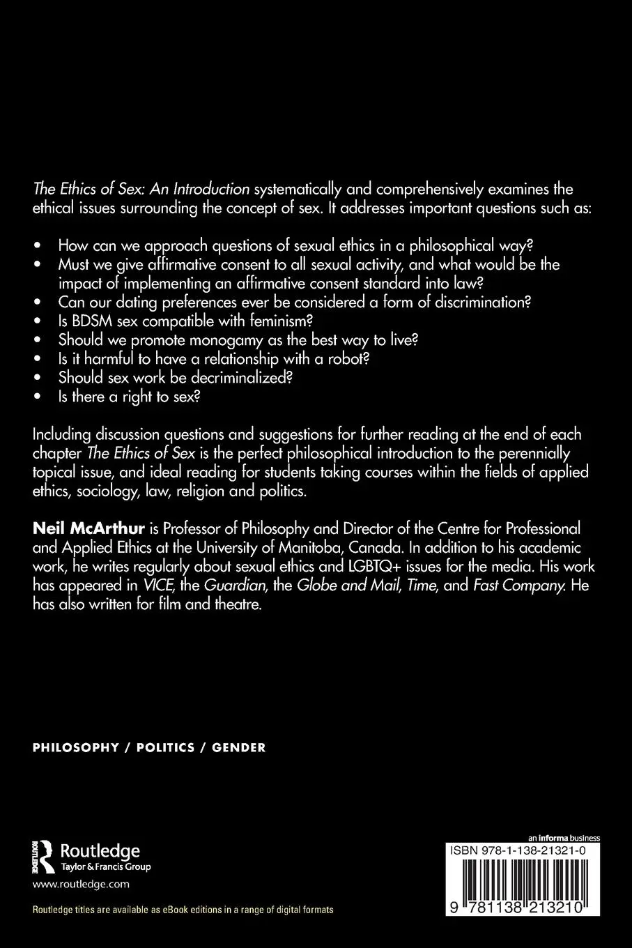 Rückseite: 9781138213210 | The Ethics of Sex | An Introduction | Neil Mcarthur | Taschenbuch
