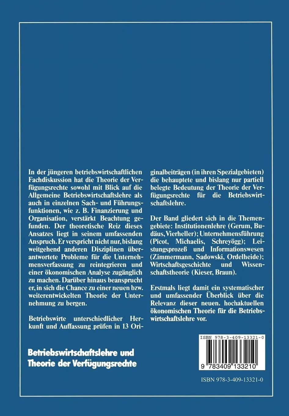 Rückseite: 9783409133210 | Betriebswirtschaftslehre und Theorie der Verfügungsrechte | Buch