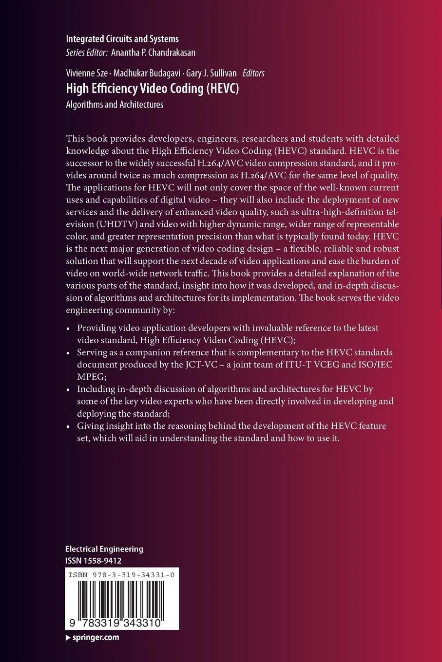 Rückseite: 9783319343310 | High Efficiency Video Coding (HEVC) | Algorithms and Architectures | x