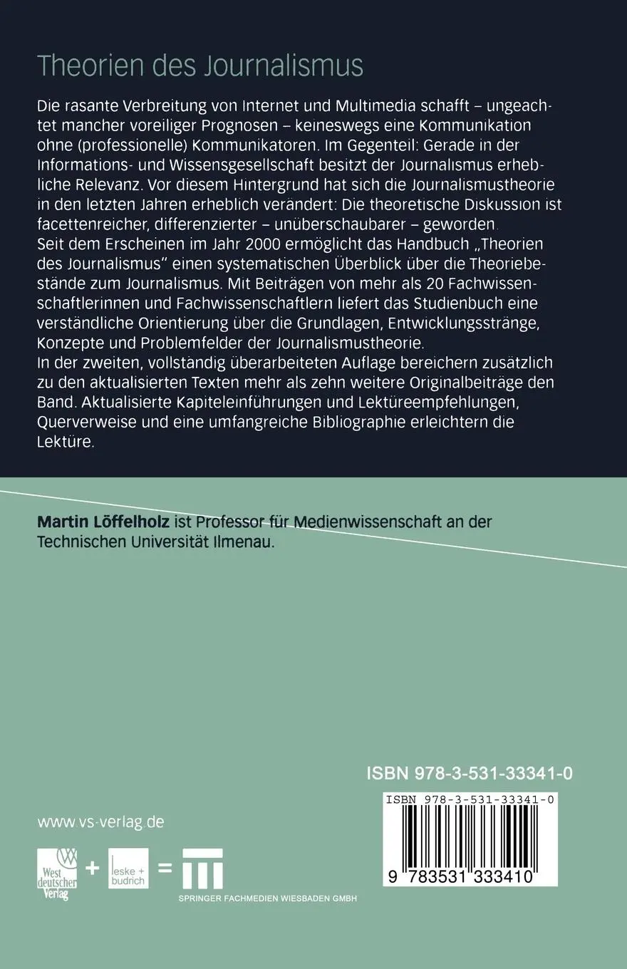 Rückseite: 9783531333410 | Theorien des Journalismus | Ein diskursives Handbuch | Löffelholz