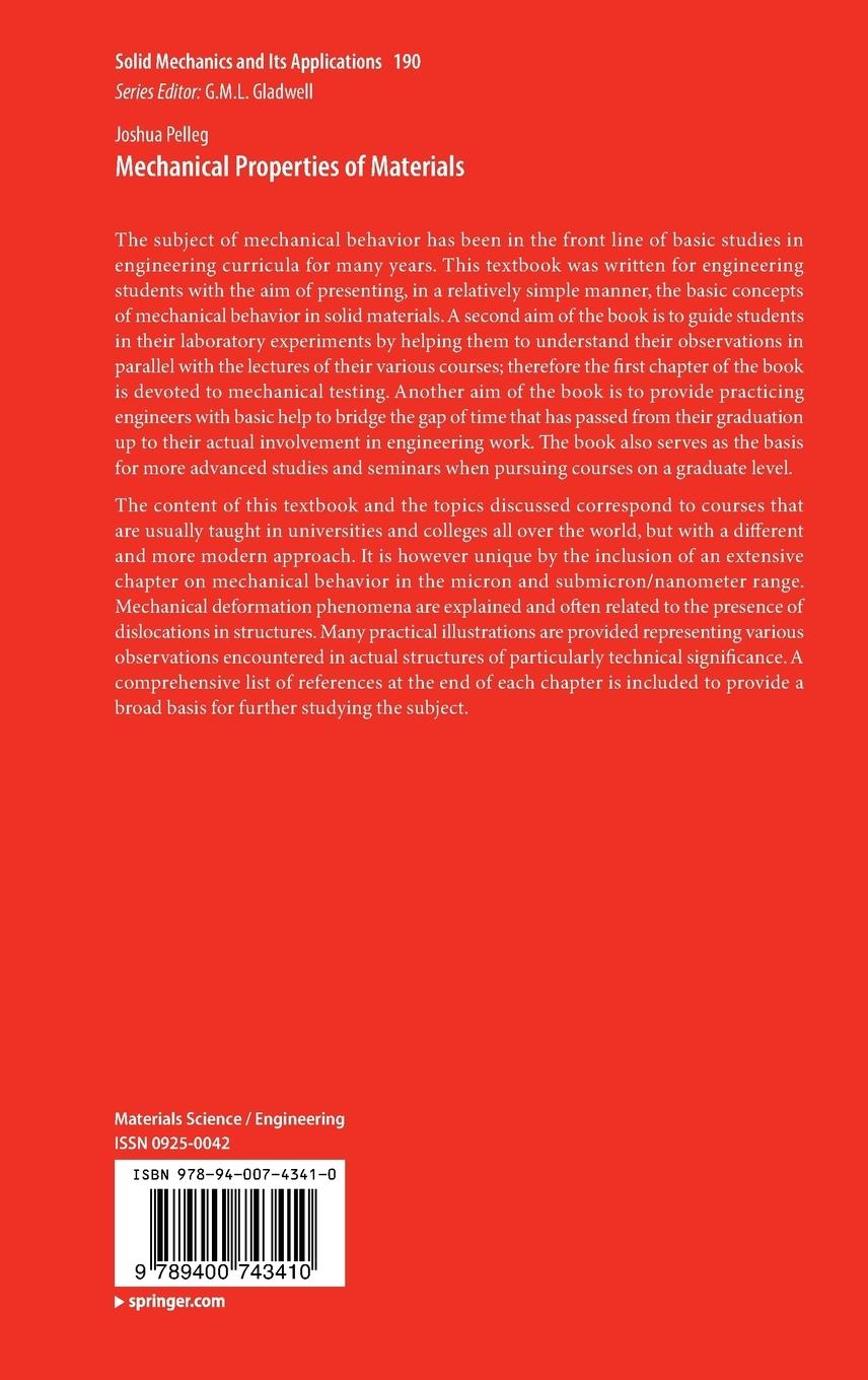 Rückseite: 9789400743410 | Mechanical Properties of Materials | Joshua Pelleg | Buch | xiv | 2012