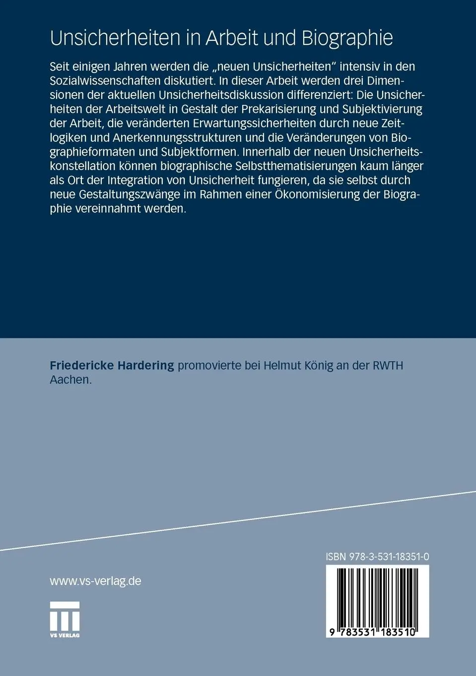 Rückseite: 9783531183510 | Unsicherheiten in Arbeit und Biographie | Friedericke Hardering | Buch